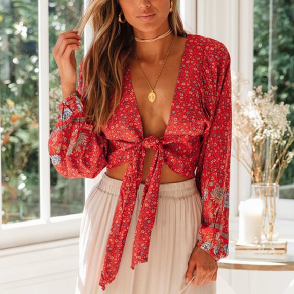 Boho Floral Print Gypsy Crop Top Tied Long Sleeve - Picture 5 of 17